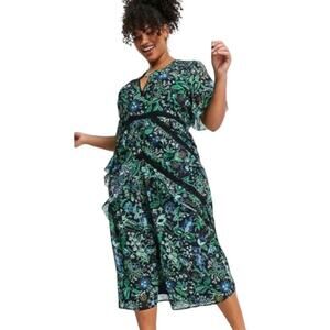 Hope & Ivy Womens Green Navy Floral Lace Trim Flutter Sleeve Midi Dress Size 20